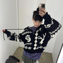 现货韩素希柳智敏韩国小众麋鹿提花针织连帽拉链外套开衫毛衣女