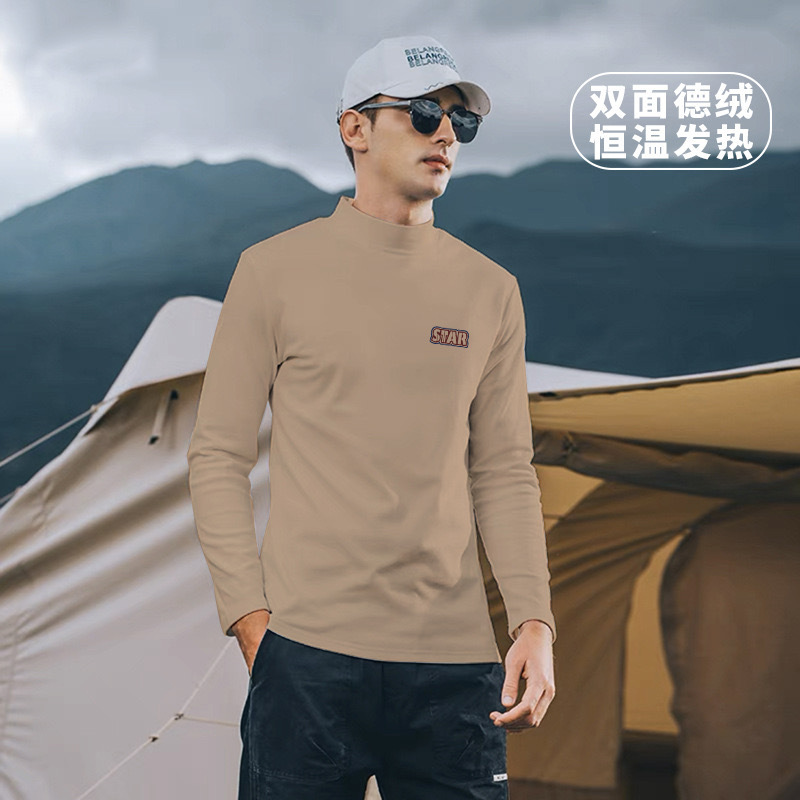 Terciopelo de doble cara forrado de lana engrosada Otoño e Invierno de manga larga Camiseta de los hombres suéter de cuello alto de punto caliente camisa de fondo T