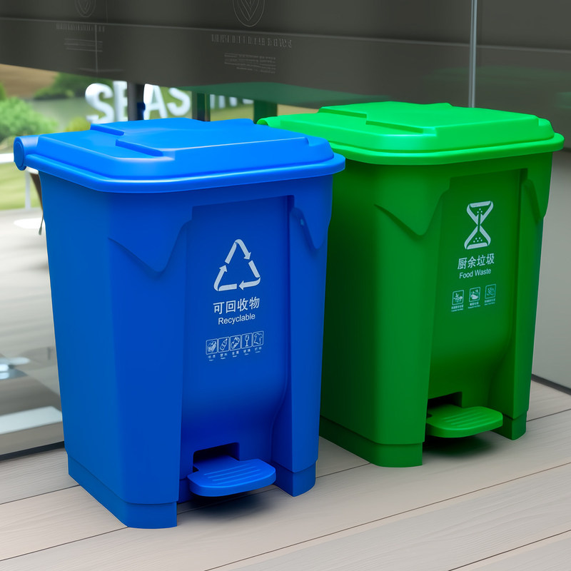 Large-capacity, covered trash cans for sorting waste, suitable for kitchens, commercial use, restaurants, outdoor settings, offices, and dormitories; foot-operated trash cans