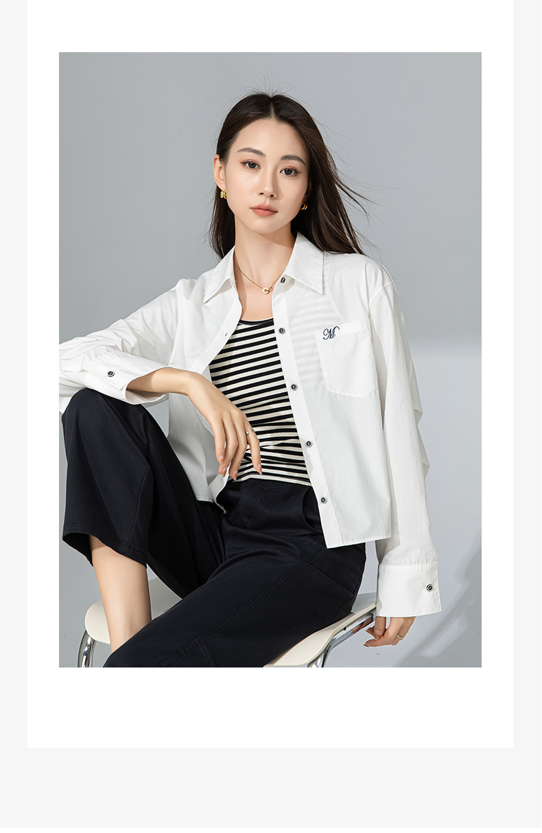 Áo sơ mi polo dài tay nữ kiểu Pháp chất cotton thụng, dáng ngắn mặc ngoài cardigan — Xanh nước muối chi tiết 3