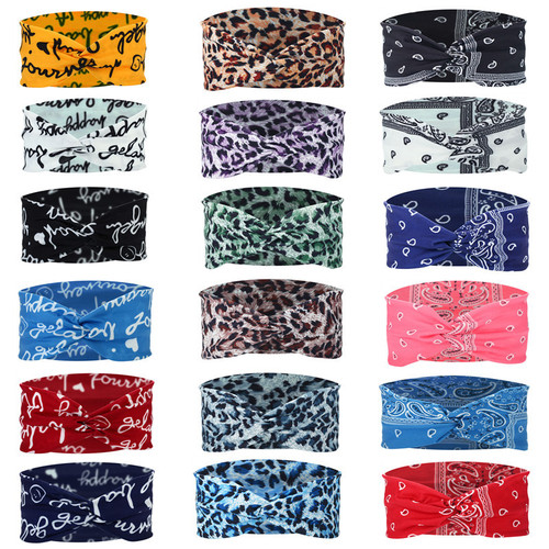 Amazon Cross-border European and American knotted crossover elastic headband with cotton print for sports and yoga, can print patterns