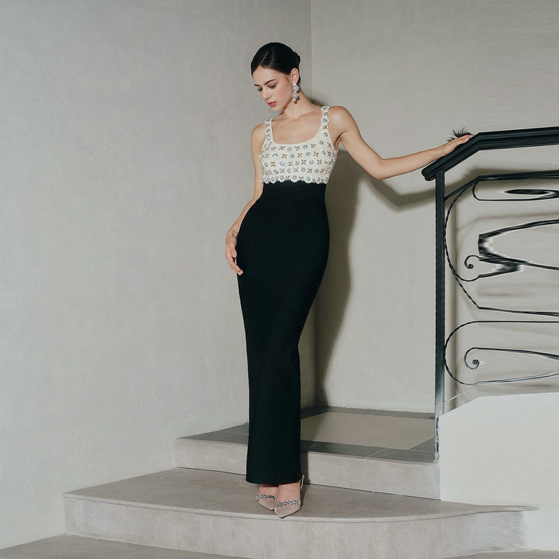High-End Elegant Bandage Women's Dress with Diamond and Pearl Stitching Slim Evening Dress Sexy Waist-Cinching Elegant Long Skirt