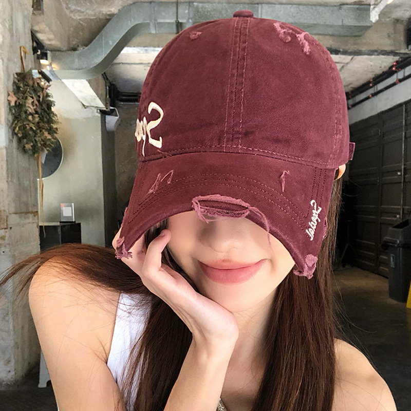 Agujeros estadounidenses lavados para hacer viejos sombreros de béisbol de vaqueros mujeres retro versátil cara pequeña gorra ancha sombrero de boca de pato superior suave