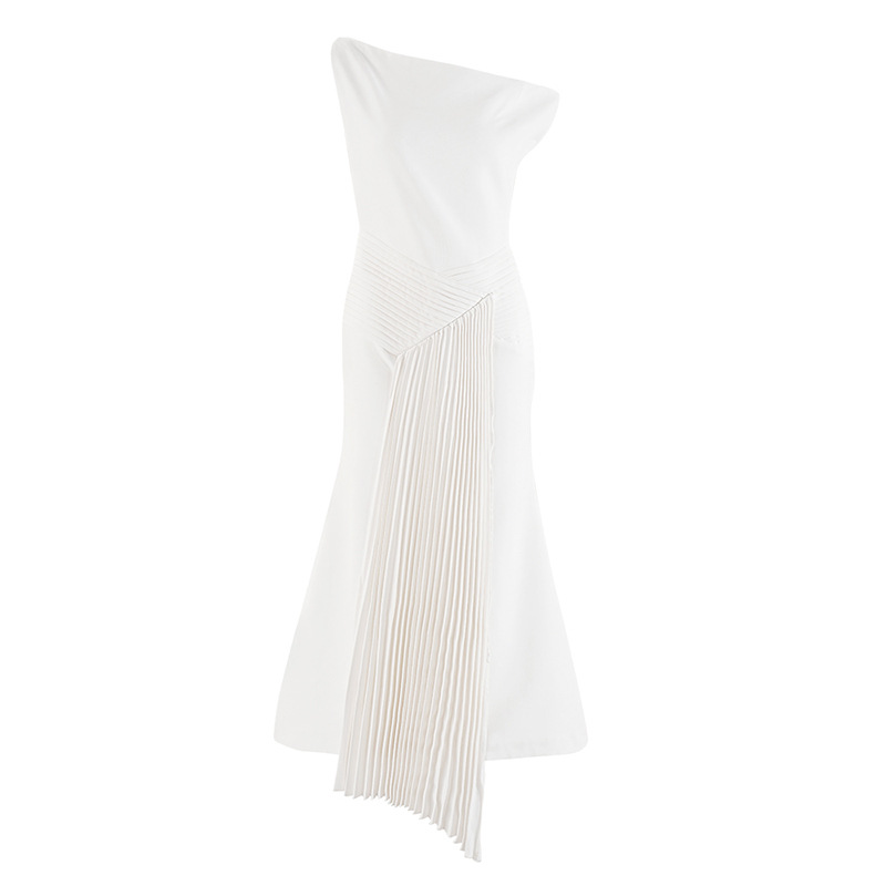 Damkläder stil elegant veckad off shoulder-klänning för kvinnor höst ny oregelbunden exklusiv smal klänning lång kjol_voghion.com