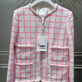 2024早春新品小香风千金名媛粉白格纹粗花呢圆领毛呢外套开衫女