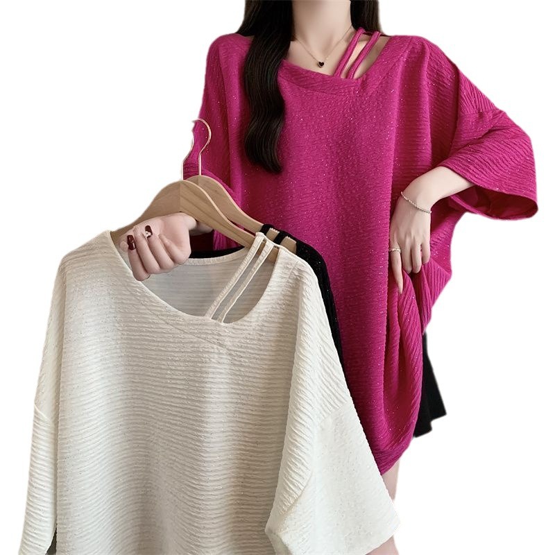 Camiseta de manga corta irregular de textura brillante de gran tamaño para mujer 2024 verano nuevo estilo suelto y delgado top de mm image 6