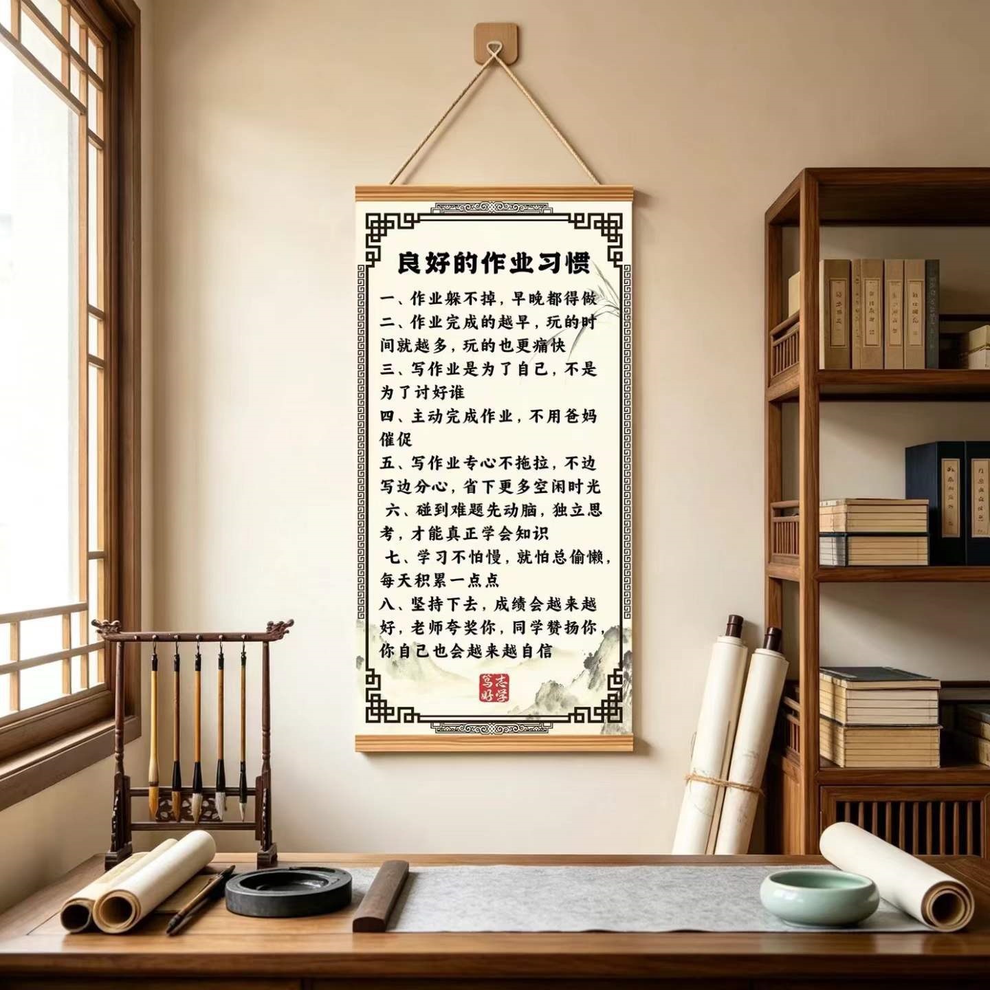 New Chinese-style motivational wall art for good study habits, inspirational family rules, and home decor, suitable for children's rooms and as wall decorations