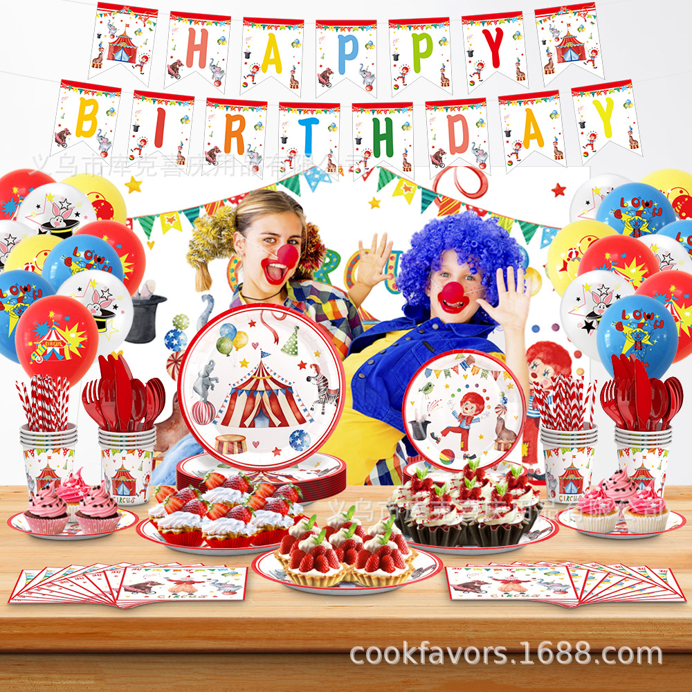 Nuevo circo tema de cumpleaños fiesta decoración carnaval bandeja de papel desechable taza de papel tira de bandera juego de decoración