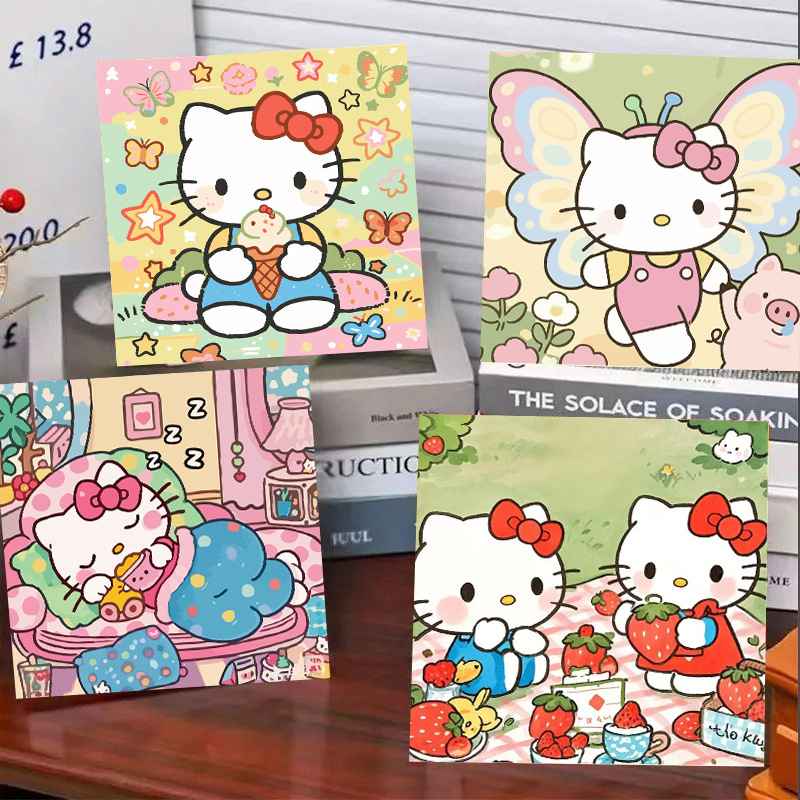 New Hello Kitty Line Art Puppy DIY Digital Coloring Oil Painting Hand-Painted Scenery Healing Ornament Decorative Painting
