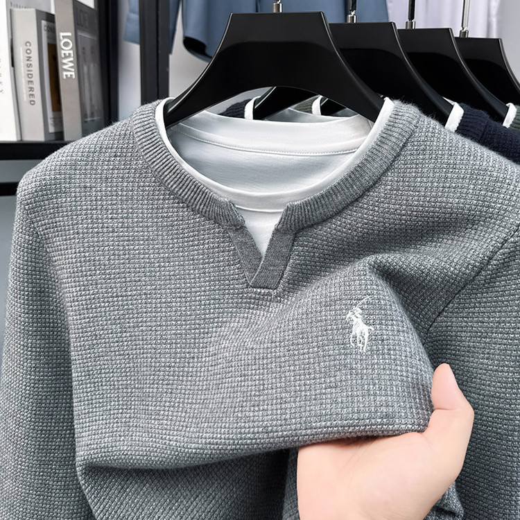 男士针织衫秋冬新款时尚休闲百搭假两件圆领撞色毛衣男