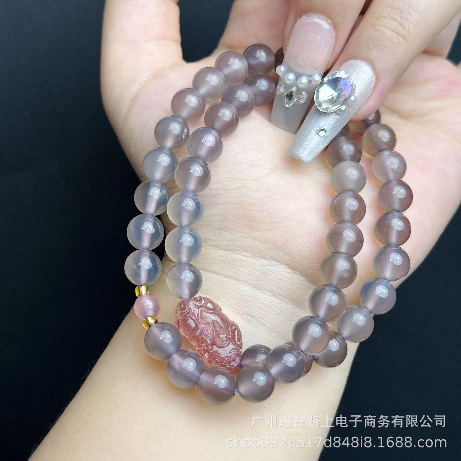 그레이 마노 더블 서클 스트로베리 크리스탈 Pixiu (8mm)