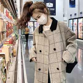 撞色翻领格纹毛呢大衣女装2025秋冬新款遮肉显瘦韩版呢子外套风衣