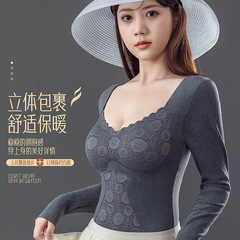 Sexy V-neck Underwear Warm Top for Women Without Steel Cup with Built-in Pads Fleece Thickened Thermal Underwear Slimming Body Shaping 
