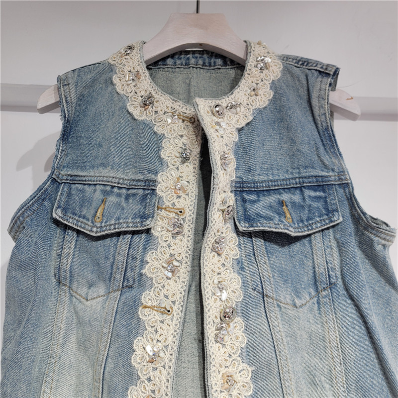 Hong Kong primavera nueva ropa de mujer retro encaje empalme de diamante cuello redondo chaqueta corta denim chaleco mujer