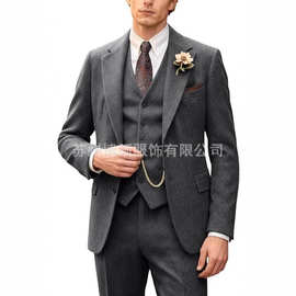 新款人字呢修身西装伴郎三件套男士西装套舞会晚会休闲商务套装