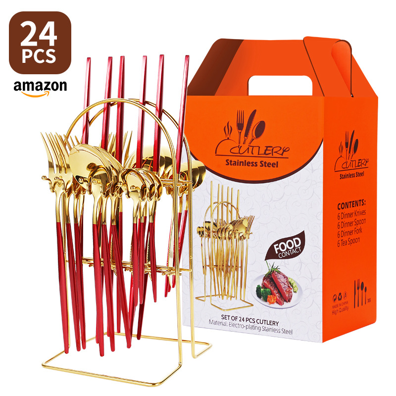 Transfronterizo Amazon Portugal comida occidental cuatro principales vajilla de acero inoxidable 24 piezas vajilla rack caja de regalo rack traje