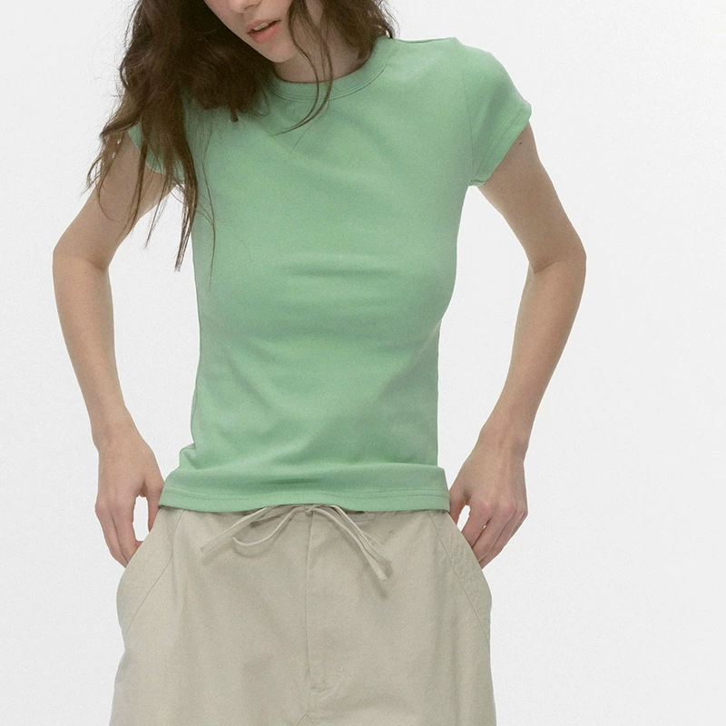 260g Heavy Weight High Elastic Green T-Shirt Women's Top Summer Slim Fit Right Shoulder Solid Color Bottoming Short Sleeve