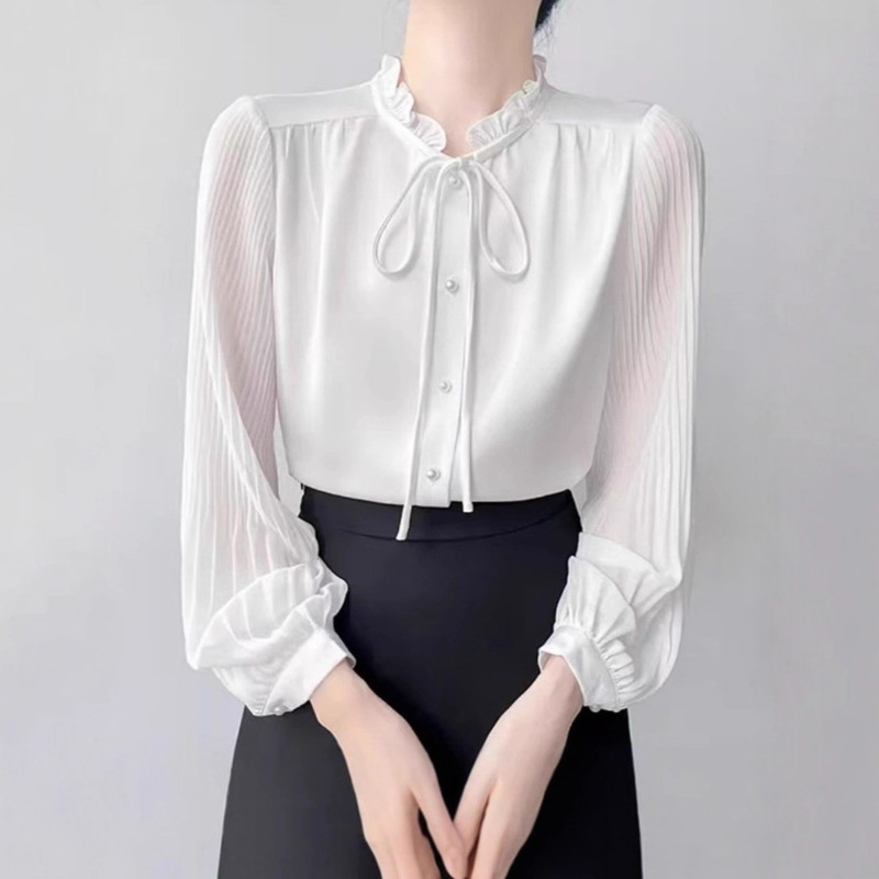 2025 New Autum Style Fungus Lace Stand-Up Collar Women's Elegant Style Pleated Sleeves Bow White Shirt