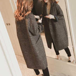 秋冬季毛呢外套宽松西装领呢子大衣茧型女加棉千鸟格中长款潮韩版