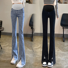 9236#高彈力孕婦微喇叭褲春秋孕婦牛仔褲修身外穿顯瘦孕婦托