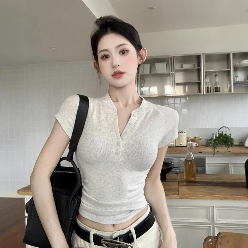 2025 Summer New American Style Button Half Open Neck Short Sleeve T-shirt Women's Top Slim Fit Pleated Short Base Shirt Trendy 2025 Summer New American Style Button Half Open Neck Short Sleeve T-shirt Women's Top Slim Fit Pleated Short Base Shirt Trendy