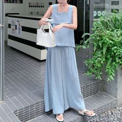 蓝色温柔系穿搭轻薄背心套装女夏季新款休闲阔腿裤大方得体两件套