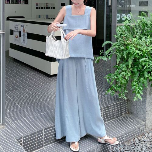 Blue Soft Tone Outfit Lightweight Top Set Women's Summer New Casual Wide Leg Pants Elegant and Graceful Two-Piece Set