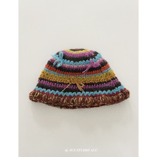 白鹿同款彩色条纹手工针织渔夫帽子女冬季保暖蝴蝶结毛线帽显脸小