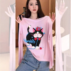 芯娇晴粉色猫咪印花长袖防晒T恤女夏季2025宽松显瘦冰丝薄款上衣
