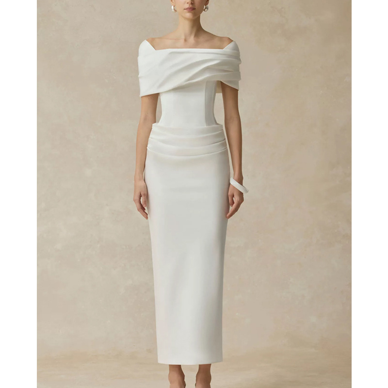White Goddess-Style One-Shoulder Dress for Women, High-End, Simple, Elegant, Waist-Cinching, Slimming, Banquet Dress