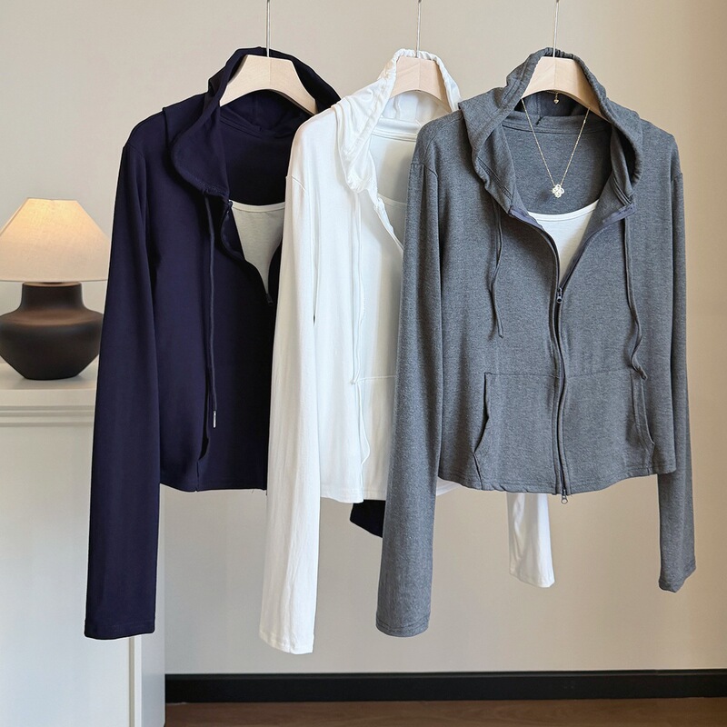 Stylish double-zipper faux two-piece long-sleeve hooded knit T-shirt for women, new early autumn trendy short jacket top Stylish double-zipper faux two-piece long-sleeve hooded knit T-shirt for women, new early autumn trendy short jacket top
