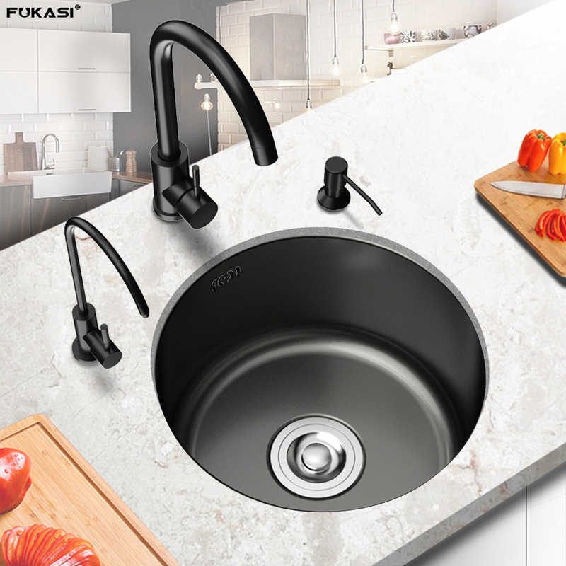 SUS304 stainless steel kitchen dish washing basin round sink single sink black nano mini bar table island table small sink