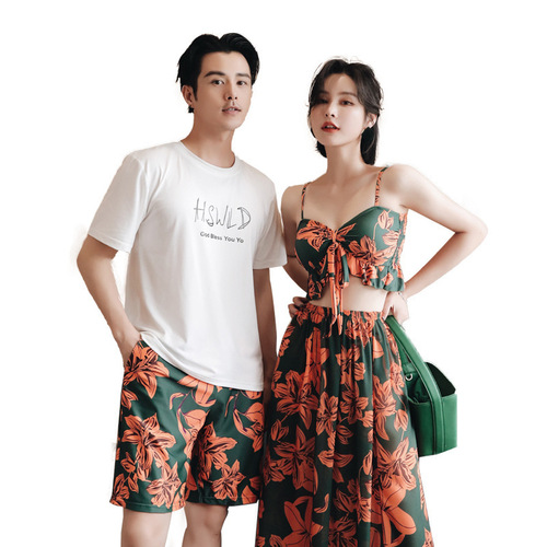 2024 New Couple Swimsuit Men's Beach Pants Women's Three-piece Skirt Split Swimsuit Bikini Beach Resort Wear