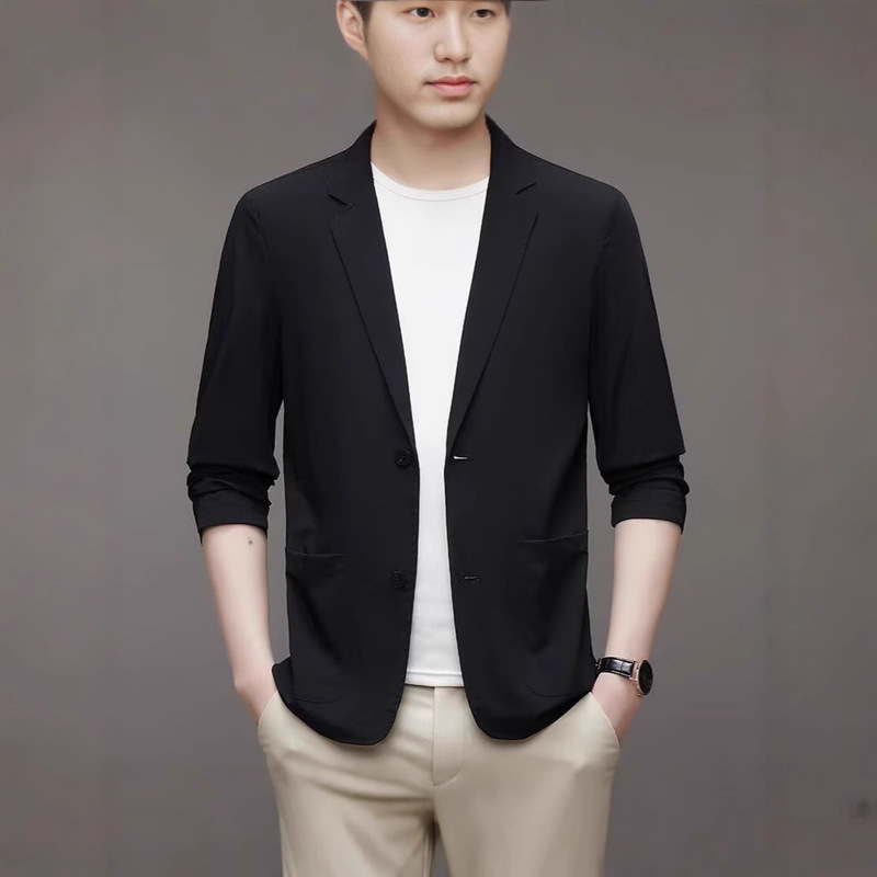 Ice Silk Suit Men's Lightweight Casual Sun Protection Clothing Elastic Small Suit Spring and Autum Single Suit Jacket Top Summer
