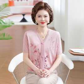 一件代发夏季妈妈装针织T恤女宽松显瘦大码新中式短袖针织衫上衣