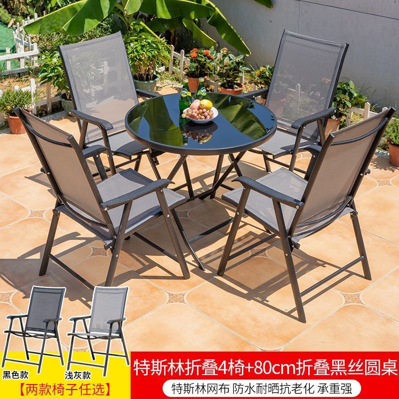 Tesla plegable 4 sillas + mesa redonda de seda negra plegable de 80 cm