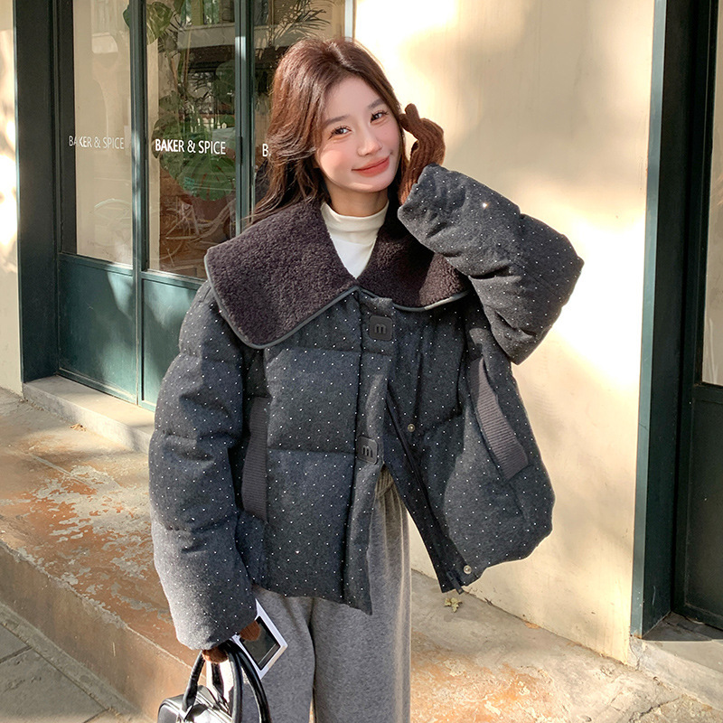 Real Shot of Black Lamb Wool Navy Collar Rhinestone down Jacket 2026 New Style Women's Winter Beautiful Chanel-Style Short Thick Coat