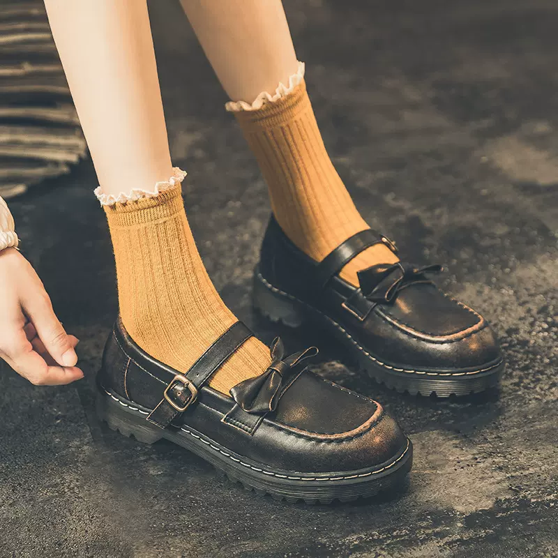 JK小皮鞋女配裙子秋季玛丽珍制服鞋中跟蝴蝶结扣带单鞋复古风