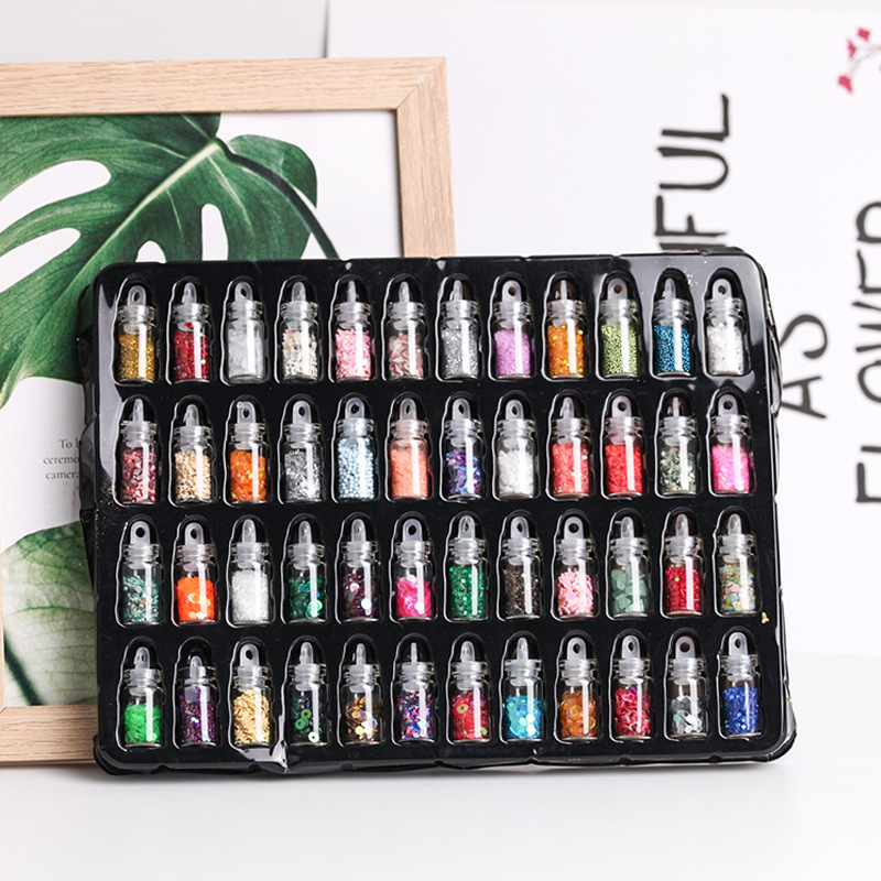 Cross Border 48 Color Glass Small Bottle Nail Jewelry Set Glitter Sequins Nail Patch Caviar Nail Jewelry