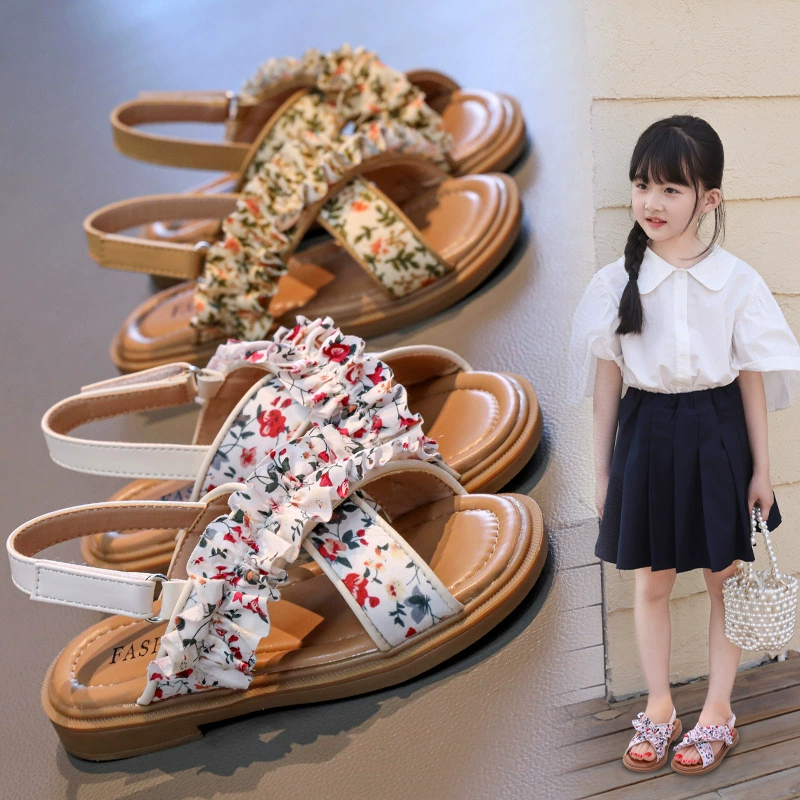 Обувь для девочек Детская принцесса сандалии 2025 новый летний этнический стиль римская обувь среднего ребенка мягкая подошва пляжная обувь