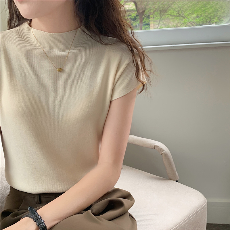 Knitwear Women's Ice Silk Short-sleeved Top Women's Half-high Collar Slimming Women's T-shirt Base Outer Wear Short Solid Color Pullover