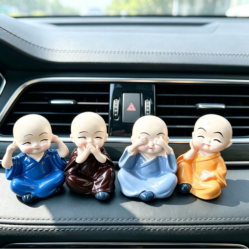 Four Cute Little Bald Monks, Zen-Inspired Office Desk and Tea Table Ornaments, Car Decorations for Safe Travels