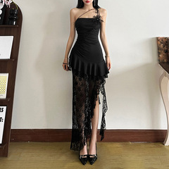 跨境2025欧美风夏季新款女装纯色修身街头时尚一字领不规则连衣裙