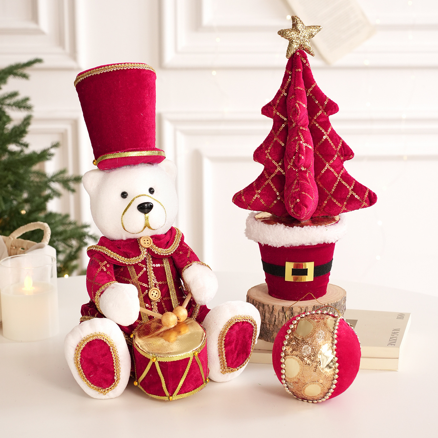 Rojo y blanco tela de peluche banda de espuma osos alces decoración de mesa muñeca muñeca