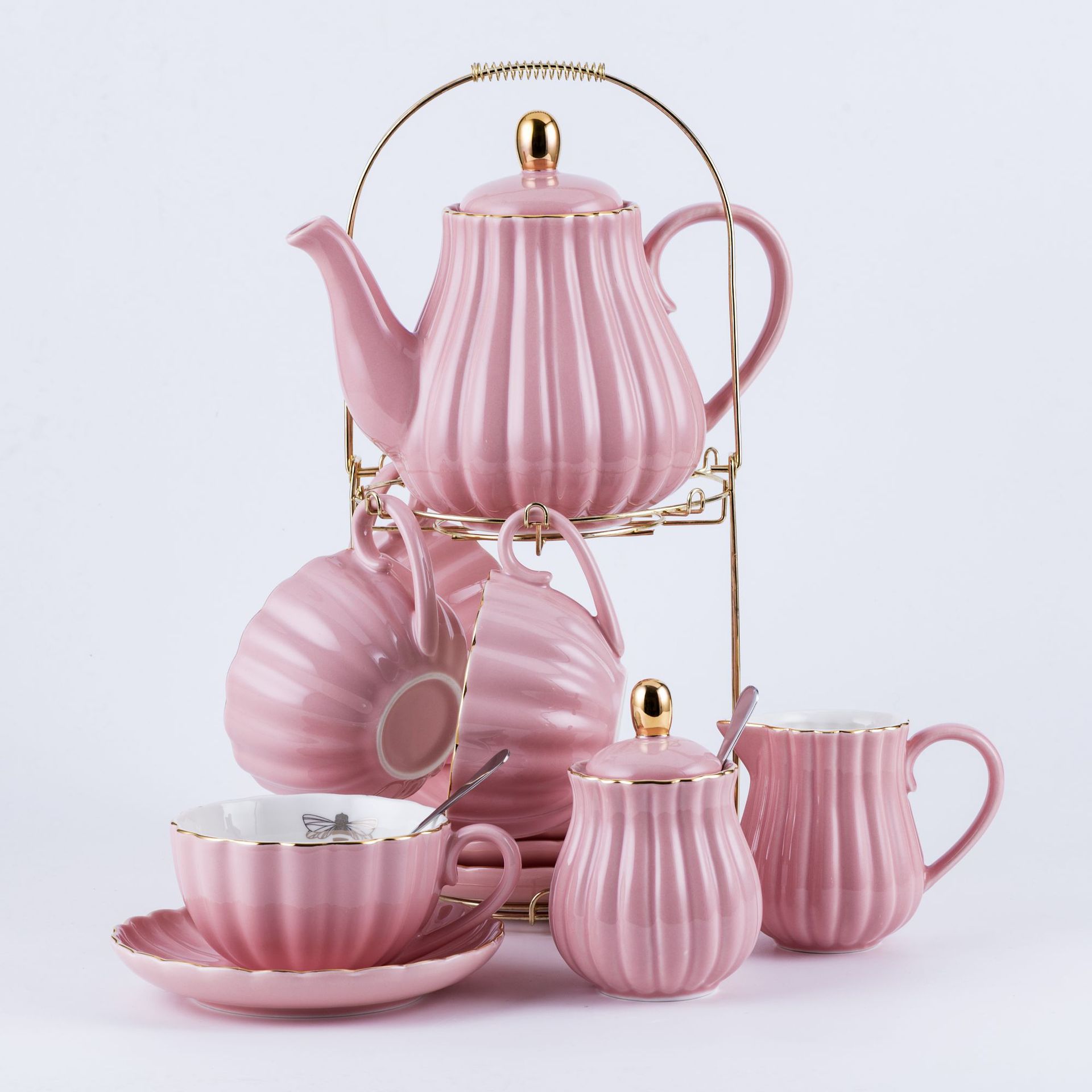 Rayas de abeja dorada Una olla de cuatro tazas Plato de café japonés Juego de tetera fría Juego de esmalte de color y té de flores doradas Cerámica