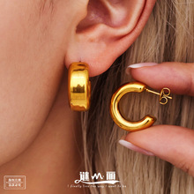 谜丽不锈钢20mm空心C型百搭通勤耳环电镀18K真金简约款不掉色饰品