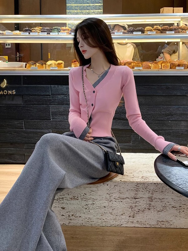 Spring and Autumn Wear suit 2025 New V-Neck Long Sleeve Knitted Cardigan High Waist Straight Wide Leg Pants Two-Piece Set for Women