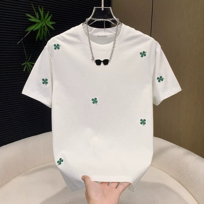 Men's Summer Round Neck Short-Sleeved T-Shirt with Double-Sided Embroidery of Four-Leaf Clover Trendy Brand Men's Half-Sleeved Versatile Top Men's Summer Round Neck Short-Sleeved T-Shirt with Double-Sided Embroidery of Four-Leaf Clover Trendy Brand Men's Half-Sleeved Versatile Top