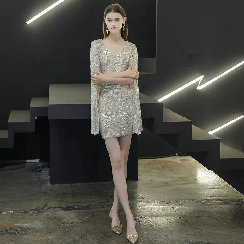 Banquet Evening Dress for Women 2025, Petite Slim-Fit Short Dress for Annual Meeting Hosts, Elegant Sequin Embellished Dress