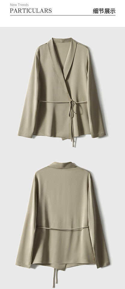 Áo blazer nữ satin thắt eo dáng ôm kiểu Pháp thanh lịch — Trắng ngọc trai, Xám nhạt, Đen đá chi tiết 14